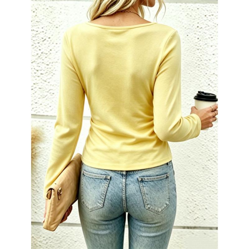 Damen S Langarm V-Ausschnitt Einfarbig Elegantes Oberteil