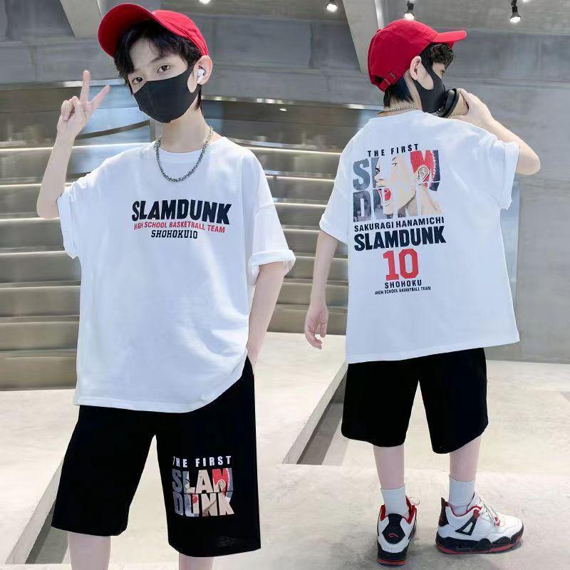 Boys  Casual Sports Set: Cartoon & Letter Print, Round Neck Top & Shorts 150 cm