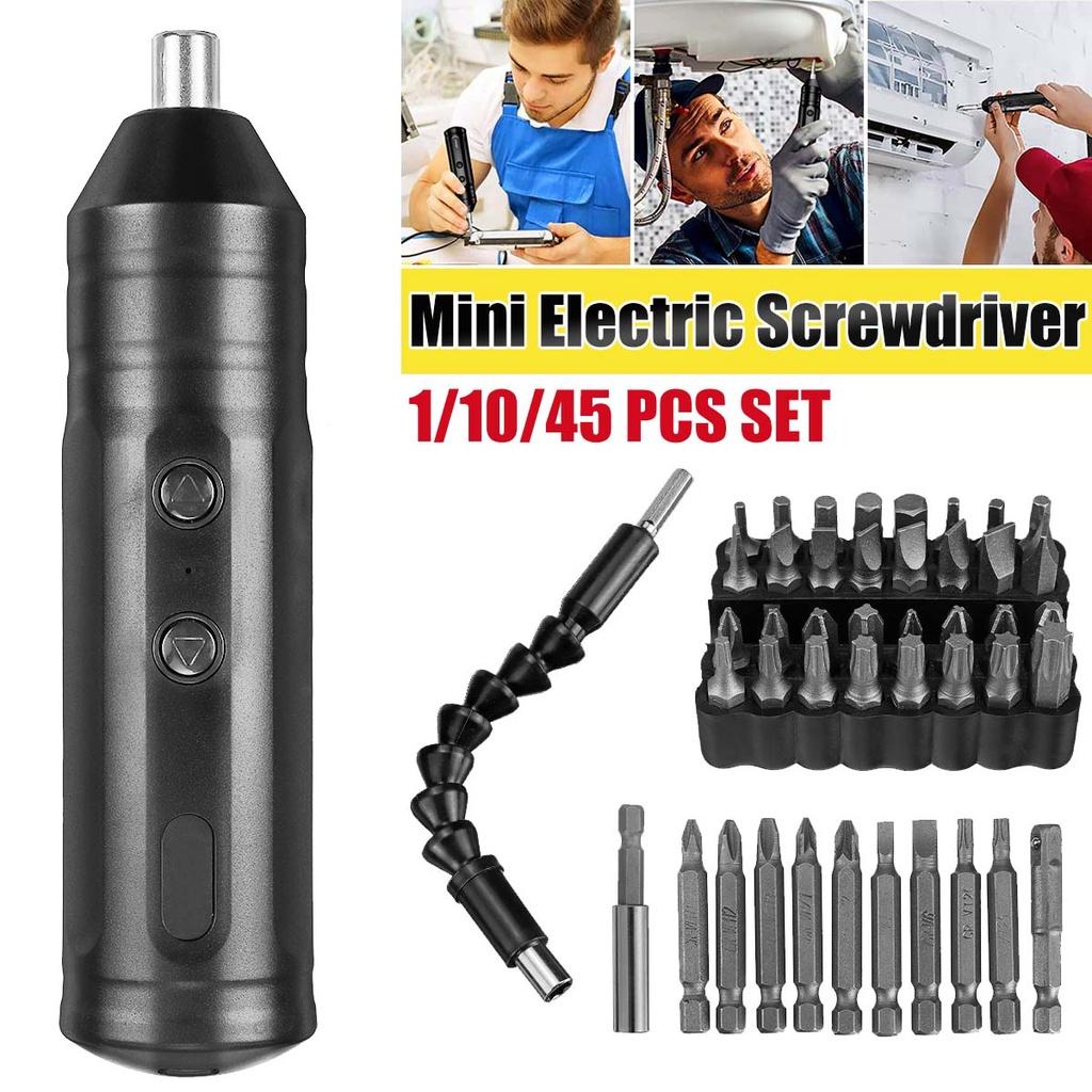 1/10/45pcs Mini Electric Screwdriver Battery Smart Cordless Automatic Screwdriver Multi-function Bits Portable Power Tools Set with Bits Black