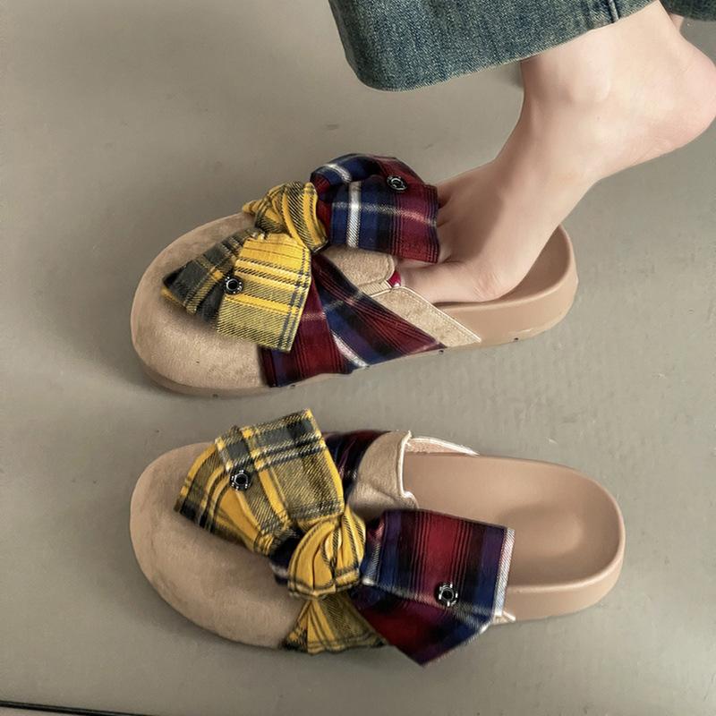 Retro design denim plaid bow baotou half slippers women's 2025 summer new sweet lazy sandals