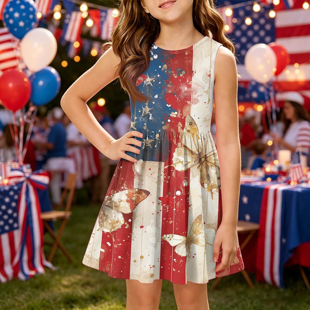 Girls' Summer Princess Dress - A-Line Vest Splice Dress Independence Day