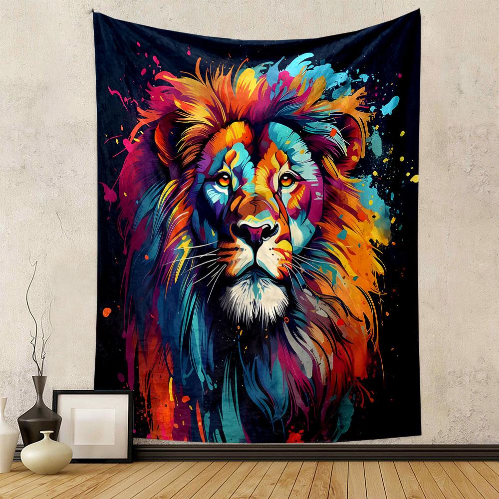 Colorful Abstract Lion Portrait Patterned Tapestry Decorative Wall Hanging, Home Bedroom Living Room Decor
