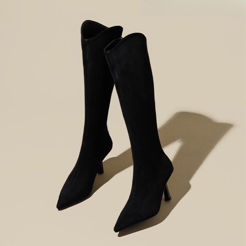 

Women s Faux Suede Knee-High Stiletto Boots Pointed Toe Slim Fit Back Zip Heeled Boots Versatile Elegant Ladies Spring Autumn 40 чорний