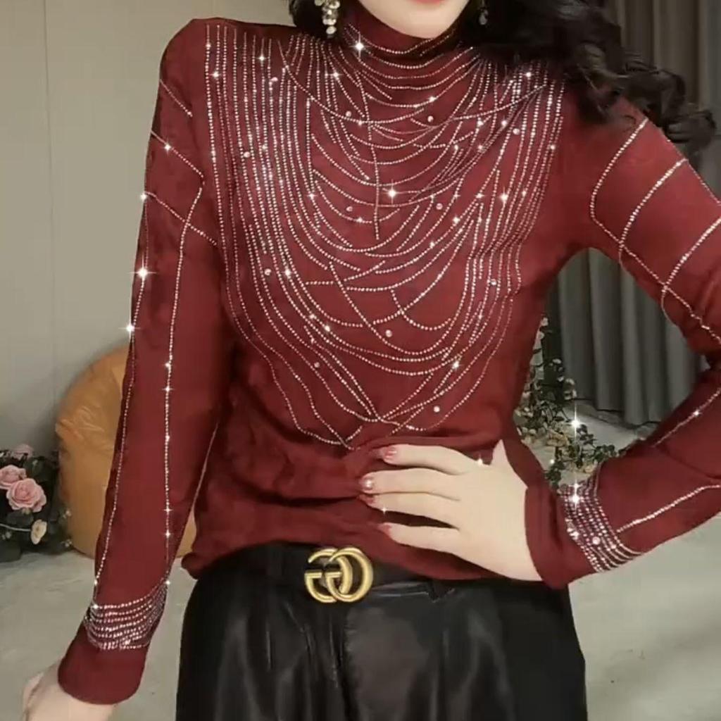 Cross2026 Elegant Slimming Semi-High Collar Long Sleeve Top with Hot Drill Detailing for Fall/Winter