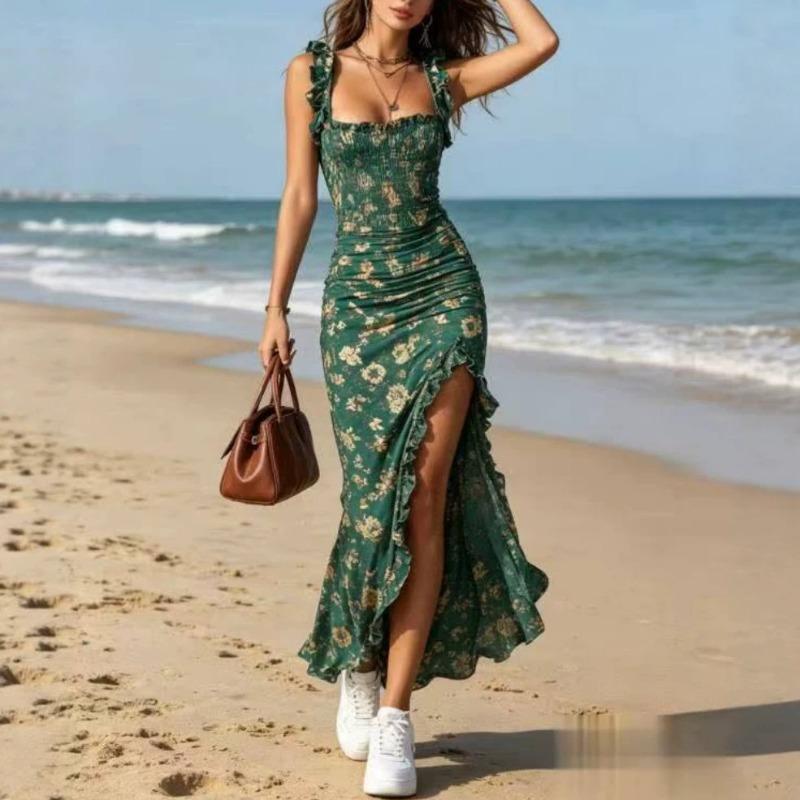 Women s Burgundy Floral Smocked Ruffle Strap Maxi Dress With Slit S зелёный