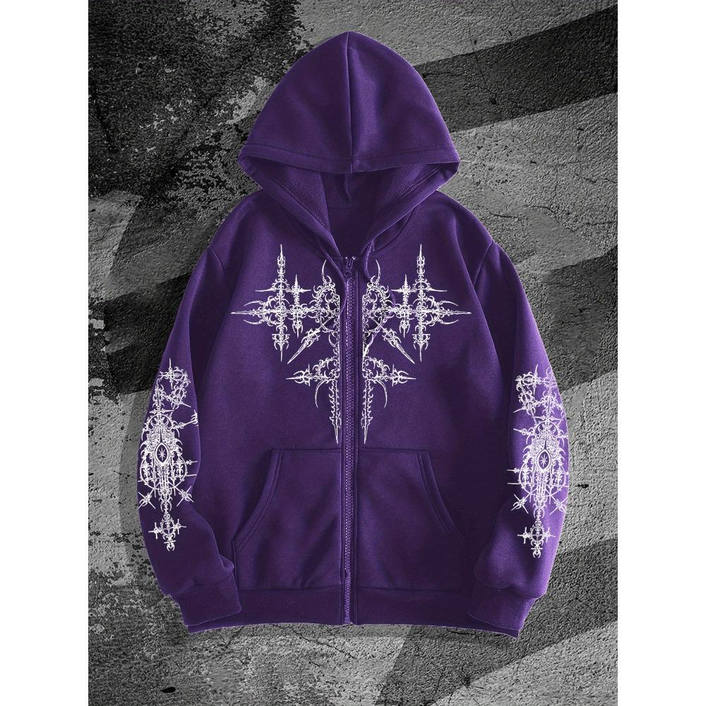 Herren Gothic Bedruckter Kapuzen-Trenchcoat Jacke, Lässiges Reißverschluss-Kapuzensweatshirt mit geometrischem Muster