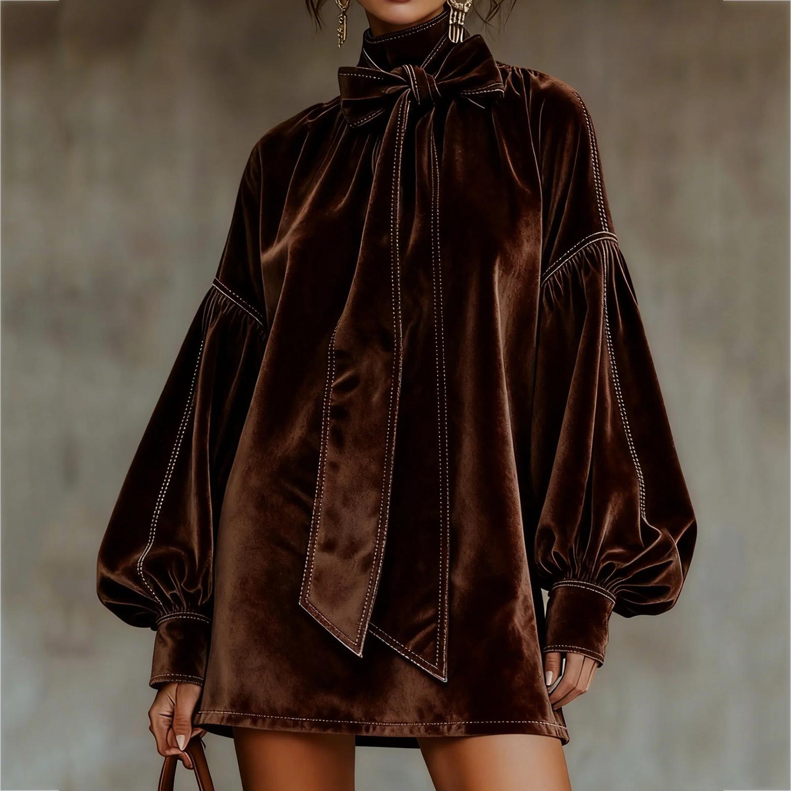 Женское модное повседневное бархатное платье с длинными рукавами и бантом L коричневый