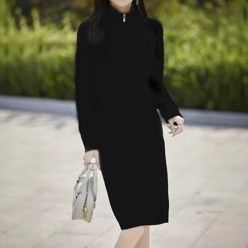 

Трикотажное платье с полувысоким воротником, темпераментное, осенне-зимнее, длинное и тонкое, с подкладкой для пальто, женский новый свитер-юбка Average size 90-67.5 kg чёрный