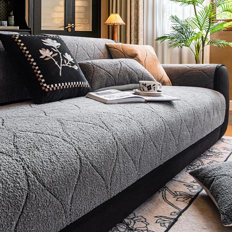 1PC Plush Fabric Sofa Cover Non-slip Warm Thicken Sofa Cushion for Living Room Universal L Shape Couch Protector Mat Black Edge
