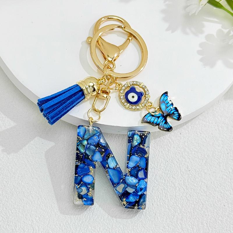 Fashion Blue Glazed Stone A To Z Letter Keychain 26 Initials Alphabet Butterfly Tassel Pendant Car Keyring Women Jewelry Gifts