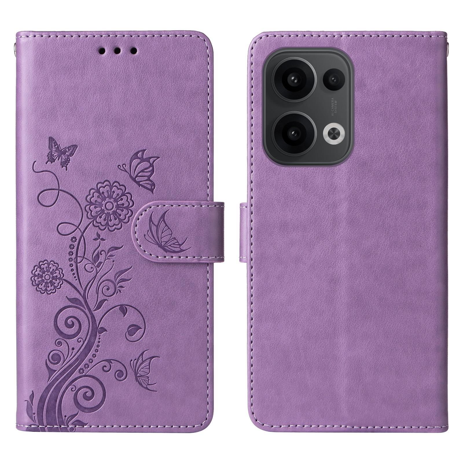 

For Oppo Reno14 5G (Global)/Reno13 5G (Global) Case Butterfly Floral Imprint Wallet Stand Leather Phone Cover Purple
