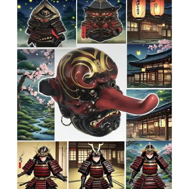 Halloween Kostüm Groß Tengu Japanische Maske Handbemalt Party Maske Schmuckstück Vollgesichtsmaske mit langer Nase Cosplay