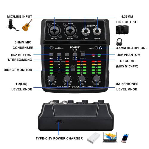 BOMGE M12 Audio Interface, 2-Channel Mixer with XLR/3.5mm Mic Input, 48V Power Supply, Sound Card for PC Recording/Studio/Live