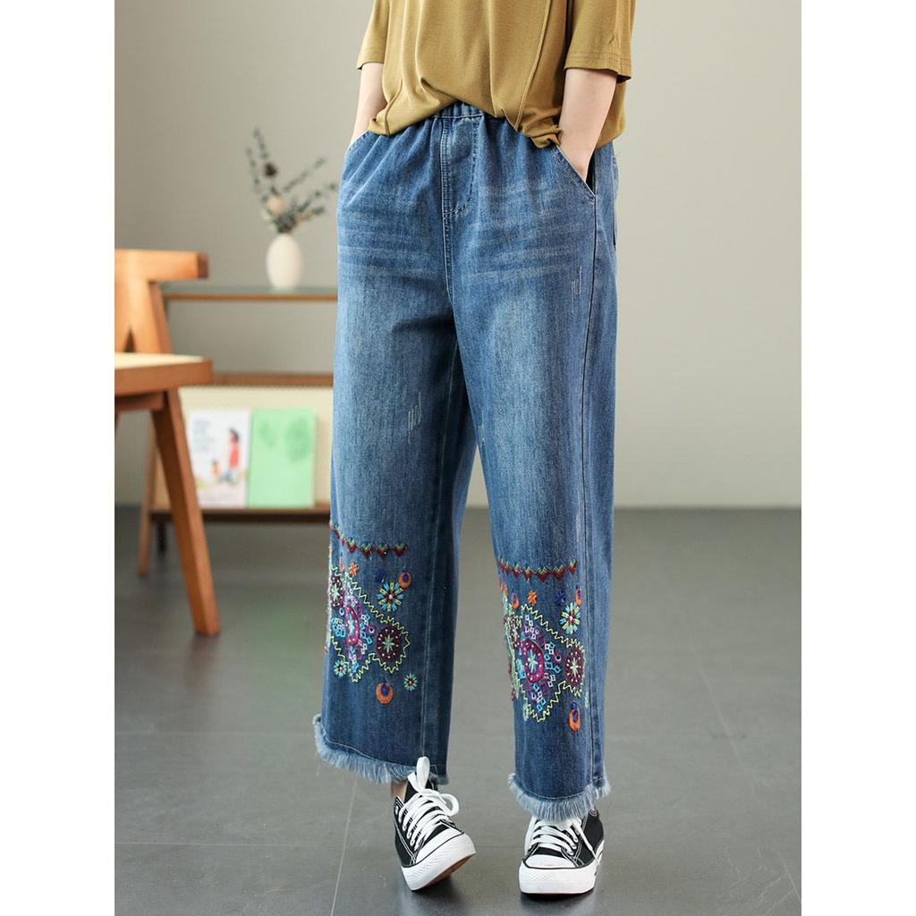 Ethnic Style Jeans for Women Spring Autumn Collection Elastic High Waisted Embroidered Loose Nine Quarter Wide Leg Pants