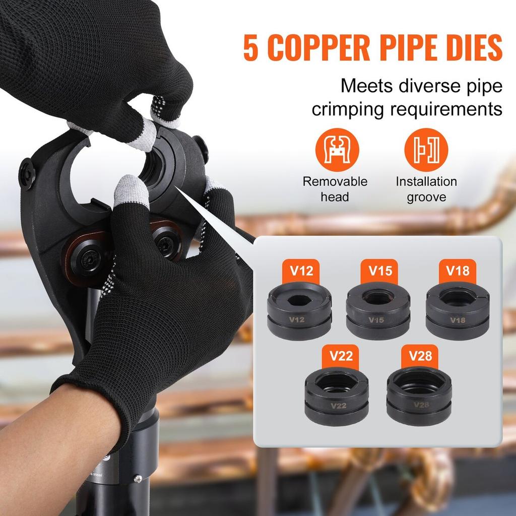 Copper Tube Fittings Crimping Tool with V12/15/18/22/28 Jaws 360° Rotate