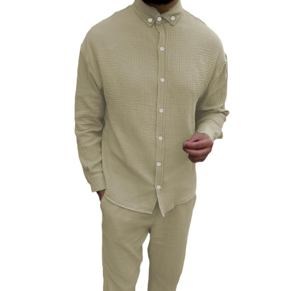 Herbst 2025 Herren Knitterblasen Casual Anzug Langarm Modische Arbeitskleidung Lange Hose Außenhandel Zweiteiliges Set