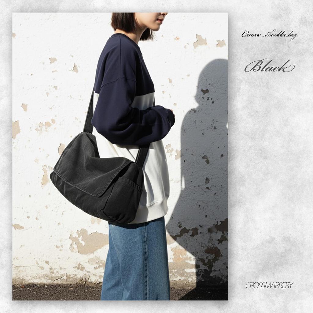 Crossmarberry Canvas Tote A4 Large Zipper Perfect for and Stylish and Cute Black Canvas Shoulder Bag with Zipper Korean Women's Bag, Large,