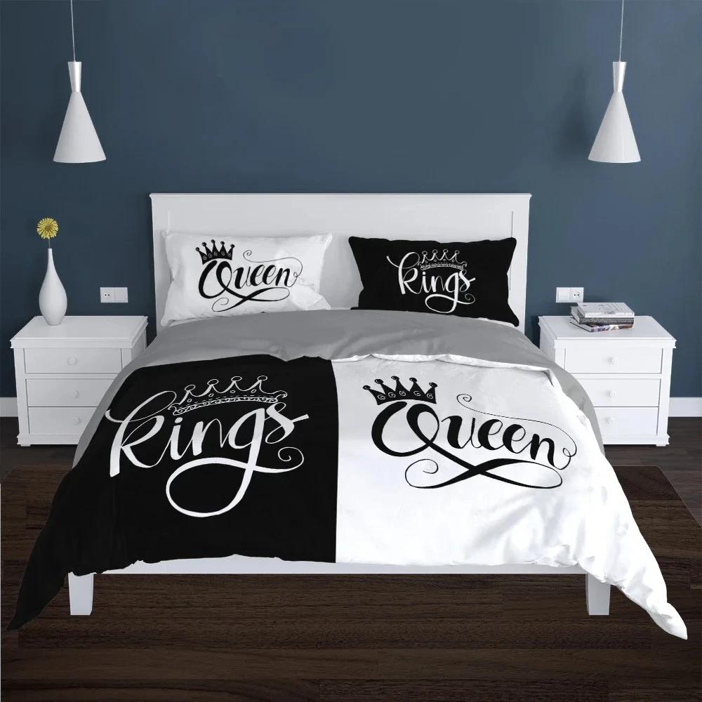 Couples Modern Duvet Cover Queen 220x240 260x240 Crown Bedding Set Black White Bed Cover For Double Bed 2 Sp Adult Bedroom Set