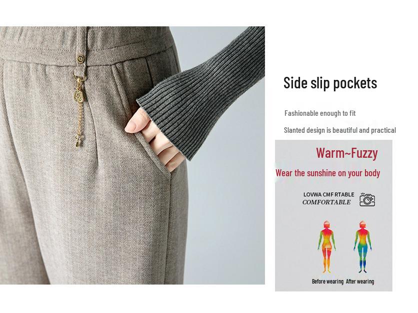 Damskie spodnie z wysokim stanem i podszewką z polaru 2025 - Wiosna/Jesień, Grube wełniane z prostymi nogawkami dla osób w średnim wieku i starszych