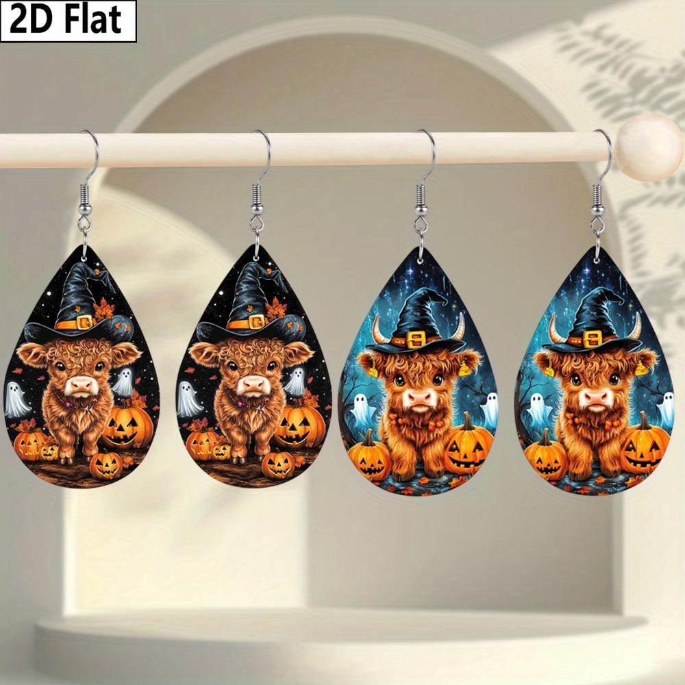 

Women s Fashion Drop Earrings, Black/Blue Cap Cow Pumpkin Pattern Design for Women s Daily Match and Festive Party Wear PU Earrings Jewelry, 2 Pair
