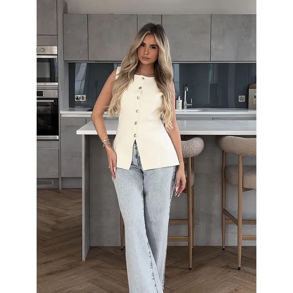 Fashion Golden Single Breasted Sweater Vest for Women Causal Sleeveless V-neck Slim Knit Cardigan Autumn New High Street Tops