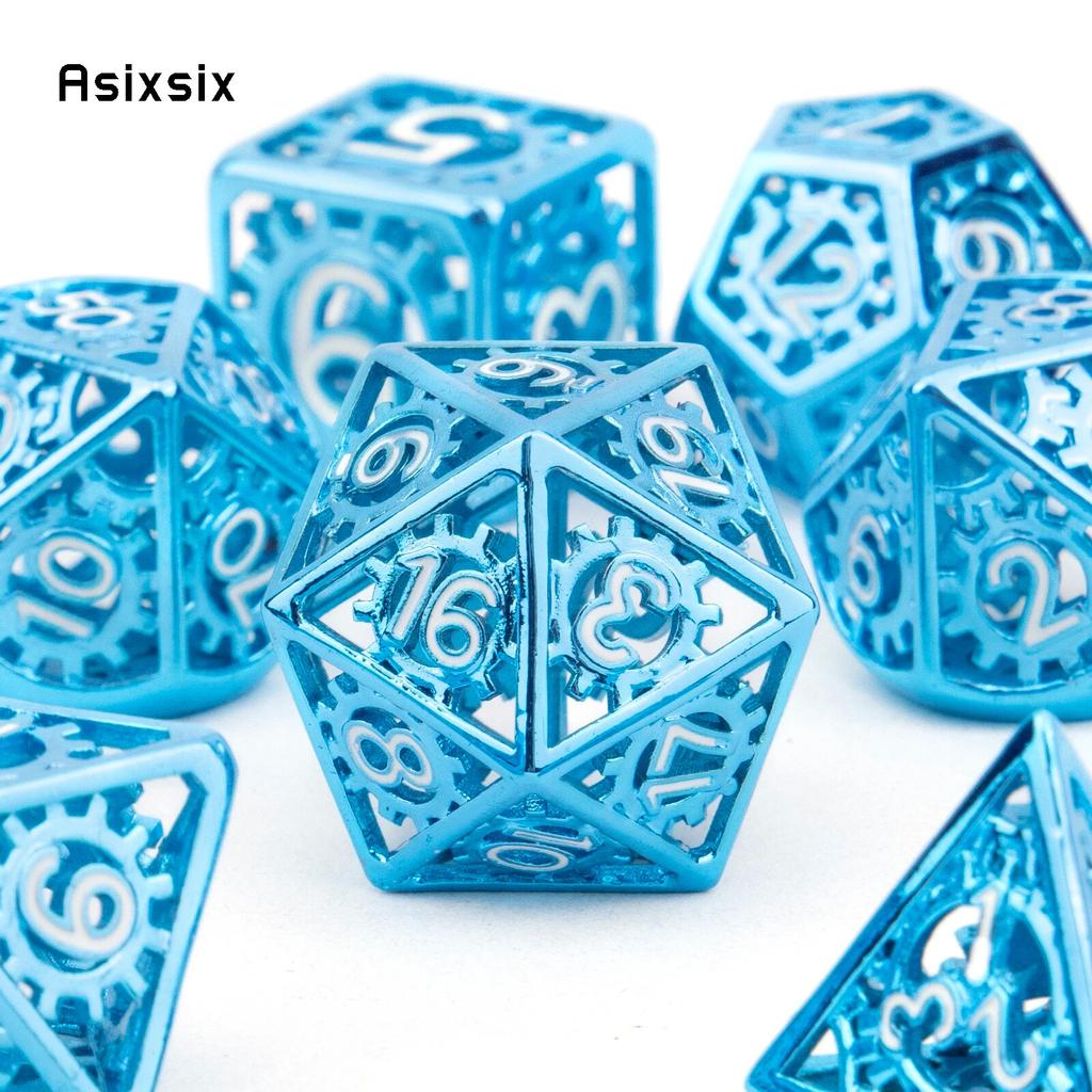 7 Pcs Blue White Gear Wheel Metal Dice Hollow Metal Polyhedral Dice Set Suitable for Role-Playing RPG  Board Game Card Game