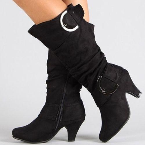 Botas de Inverno Femininas 2026 Moda Sexy Lady Botas de Cano Médio Salto Alto Camurça Sintética Fivela Botas Curtas Botas de Neve Peludas Mulheres