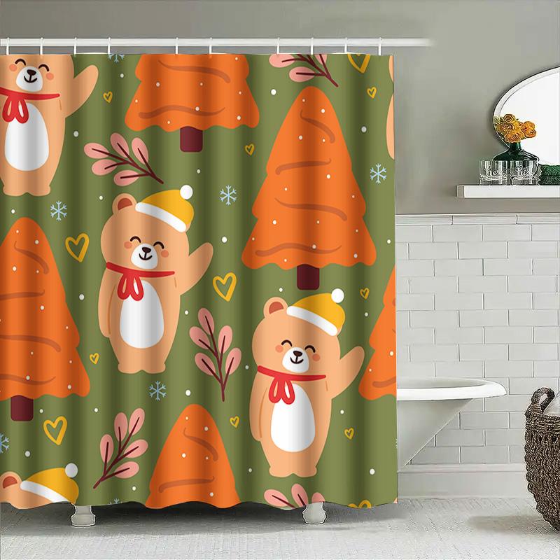 Whimsical Christmas Tree Bears Shower Curtain Set For Bathroom Decor Green Orange Plaid Fabric With Cute Cartoon Print
