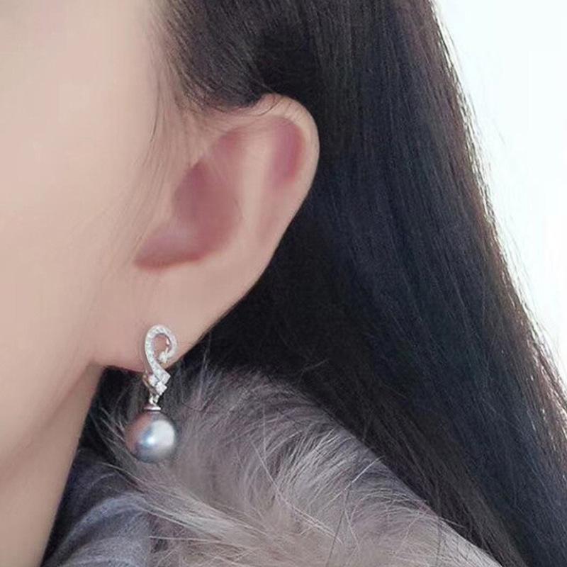 925 Sterling Silver Grey Pearl Dangle Drop Earrings for Women AAA White Cubic Zirconia Pearl Earrings Jewelry Gifts