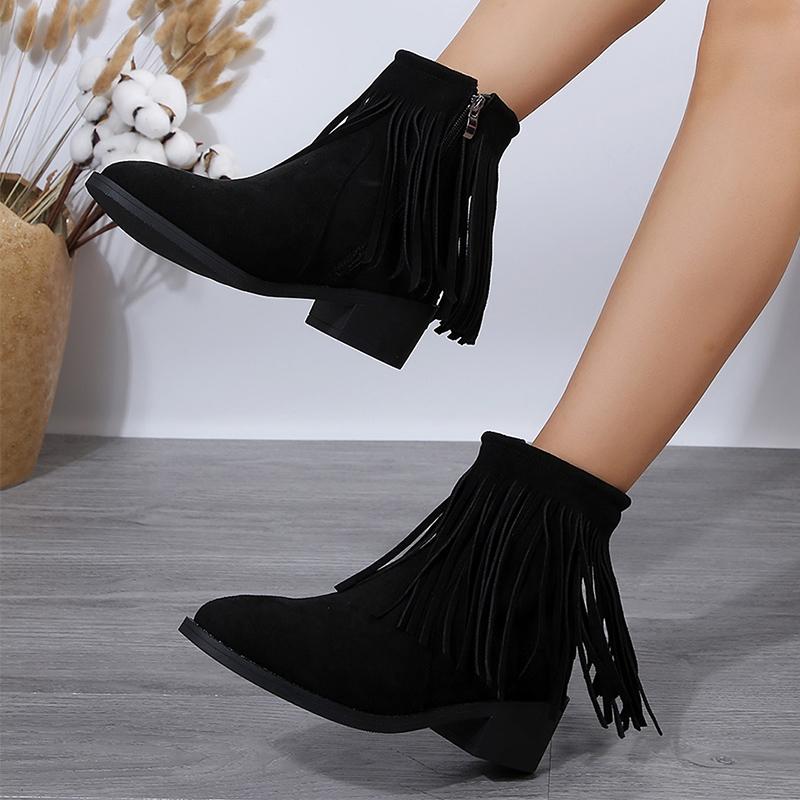 fashion Womens Boots for Vintage Tassel Cowgirl Suede Leather Point Toe Large Size Female Boots Winter Thick Heel Zipper Western Booties