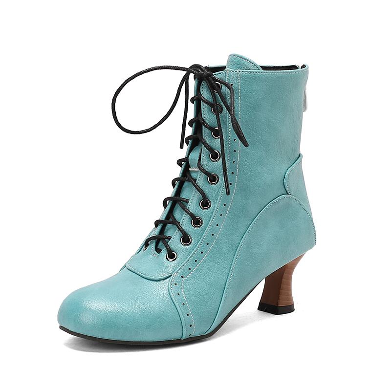 New Lace Up Ladies High Heel Shoes Strange Steampunk Boot Victorian Ankle Boots Women Pointed Toe Thick Soled Short Boots