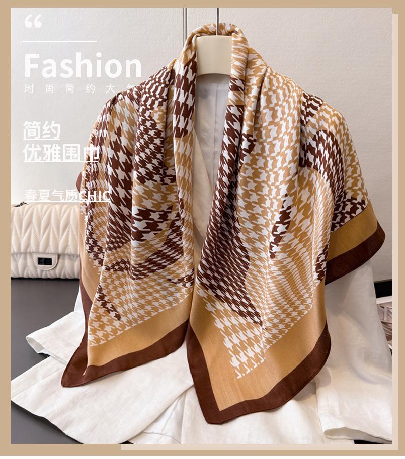 Temperament Thousand Birds Plaid Simulation Silk Large Square Scarf Retro Printed Shawl Neck Silk Scarf Herringbone Women's Scarf Headscarf
