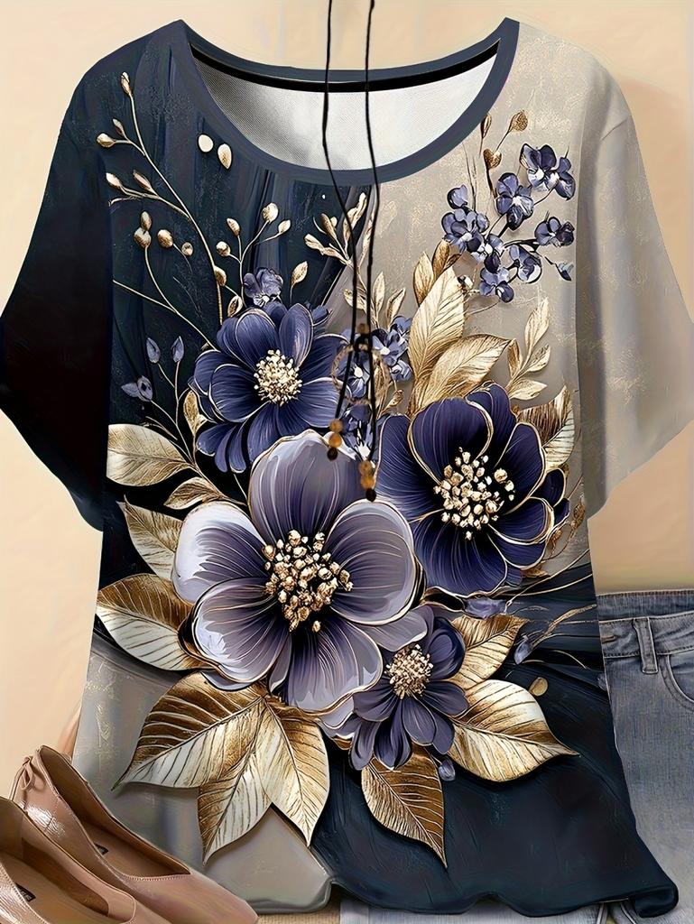 Sommer Damen Blumen T-Shirt 3D Druck Lockerer Schnitt Rundhals T-Shirts Bequeme Damenbekleidung Lässig Elegant Oversize Damen Oberteile
