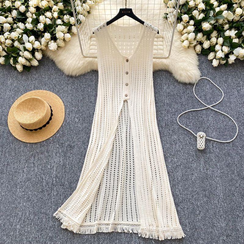 

Бандажное платье Верхняя одежда Жилет Женский Летний Корейский стиль Легче всего сочетать Стильный V-образный вырез Однобортный Разрез Вязаная Блузка с кисточками Apricot color One size