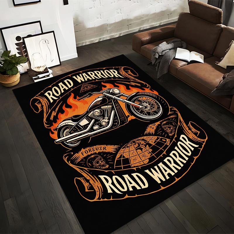 Road Warrior Carpet with Motorcycle, Flames, Skull, and Globe Design Suitable for Use As an Anti-slip for Living Room Bedroom Sofas