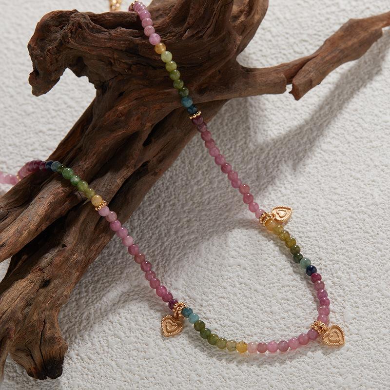 S925 Sterling Silver With Natural Color Treasure Tourmaline Beaded Necklace Women'S Clavicle Chain Xiaohongshu Earrings