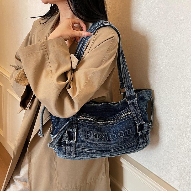 Large Capacity Commuter Tote Bag Women's Denim Shoulder Crossbody Bag