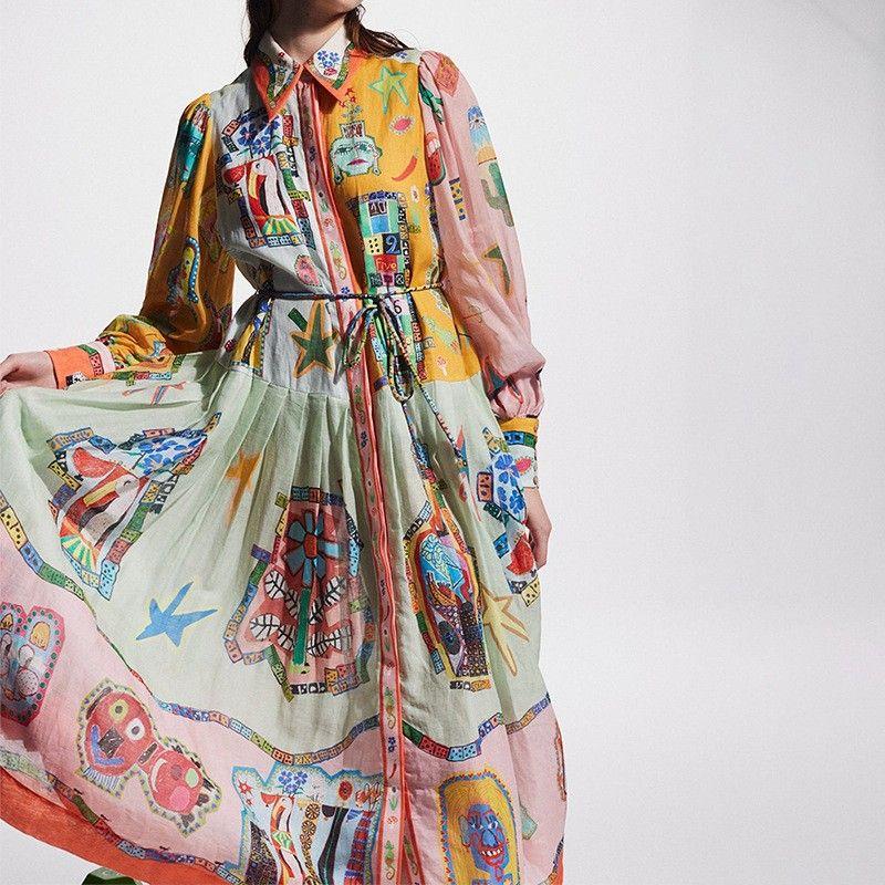 

2025 European and American Women s Clothing Amazon Retro Lantern Long Sleeve Shirt Collar Print Pleated Long Dress Dresses 28409-Picture Color 3XL