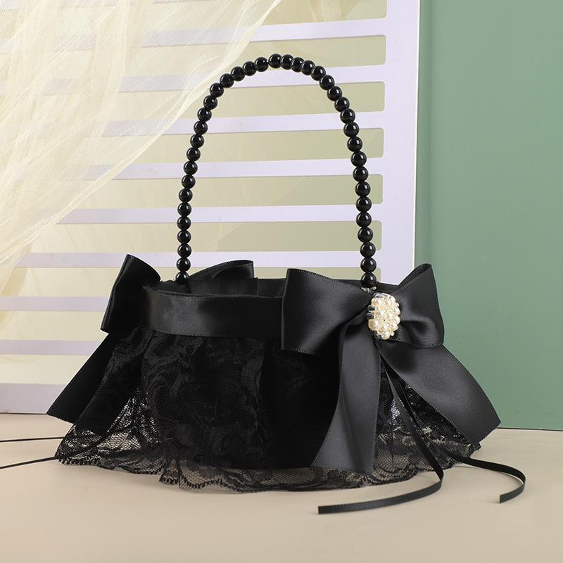 Flower Girl Basket Black White, Pearl Handle Wedding Toss Confetti Holder, Handheld Floral Container for Ceremony