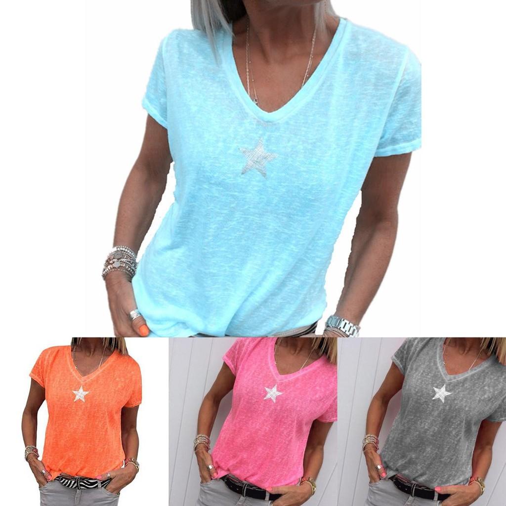 Stylish Women V-neck T-shirt Casual Loose Star Summer Shirts Solid Short Sleeve Perfect For Outdoor Activities