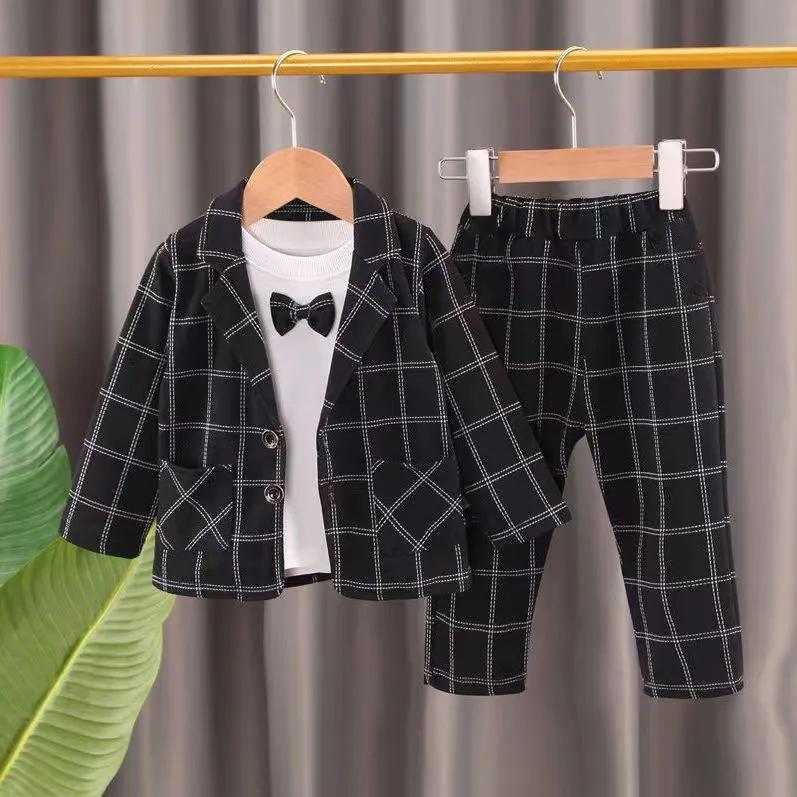 

Костюм из трех предметов для мальчика, костюм в весенне-осеннем стиле, повседневный костюм в британском стиле, платье с галстуком, корейская версия, клетчатый костюм 120