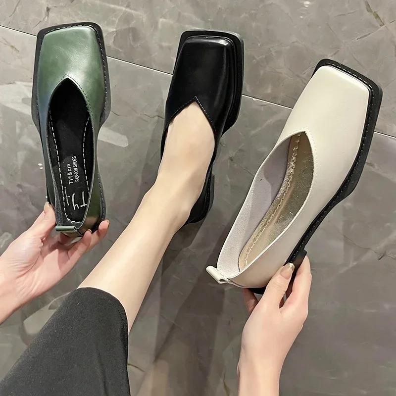 2025 Flat Shoes Women Square Toe Single Shoes Simple Temperament Leather Shoes Spring Autumn 4 Colors