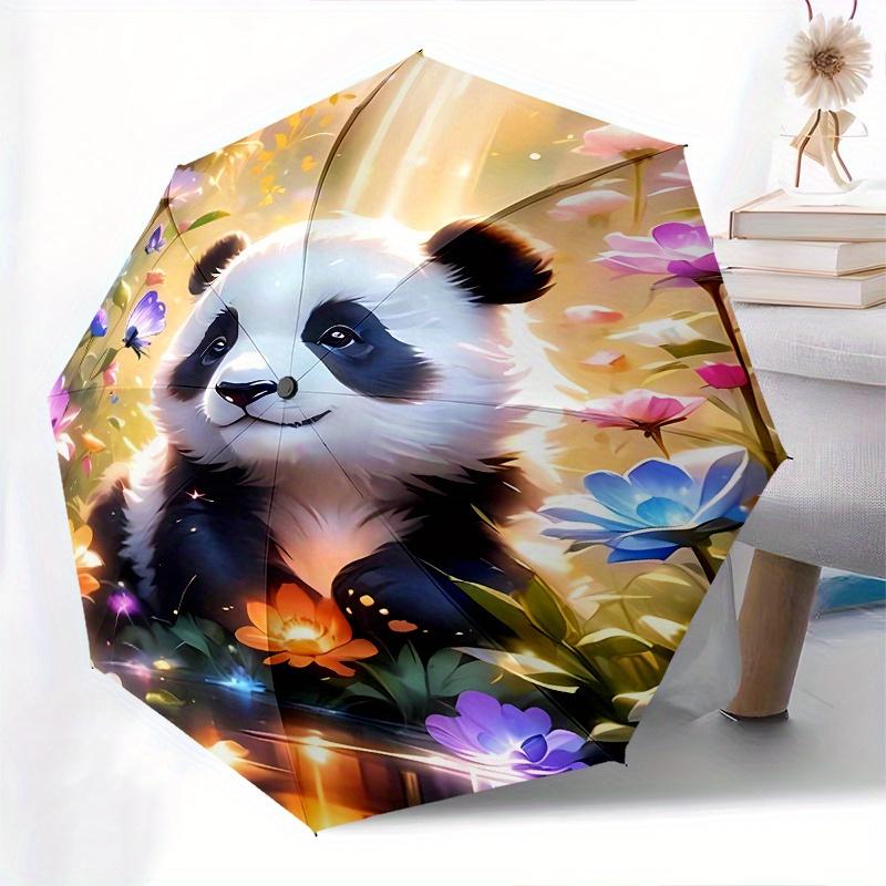 Panda, Flowers Theme 8 Bone Hand Automatic Folding Umbrella, Compact and Portable Design, A Perfect Gift for Birthday, Christmas or Business