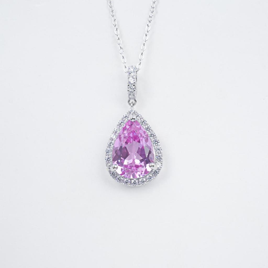 S925 Sterling Silver Pear-Shaped Pink Gem Pendant Necklace for Formal & Evening Wear, Birthday & Anniversary.