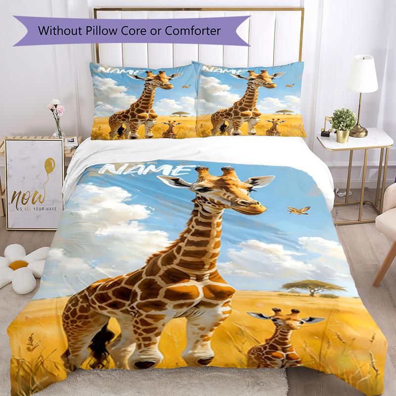 3pcs Custom Name Giraffe Bedding Set Duvet Cover Closure Includes 1 Duvet Cover & 2 Pillowcases, Soft and Comfortable for All Seasons.