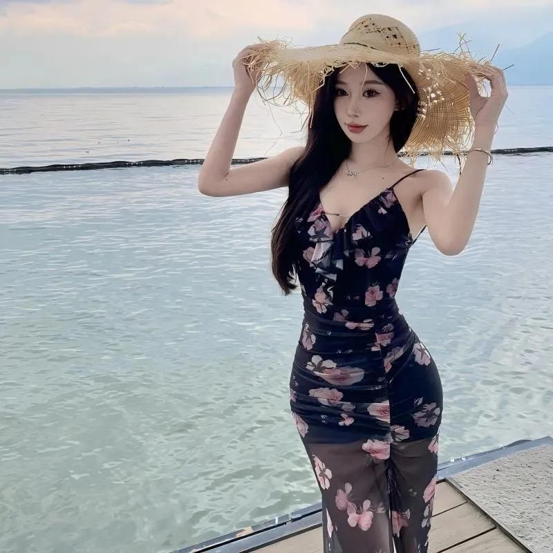 שמלת מקסי כחולה פרחונית לנשים לחופשה, עם רצועות ספגטי, גב פתוח