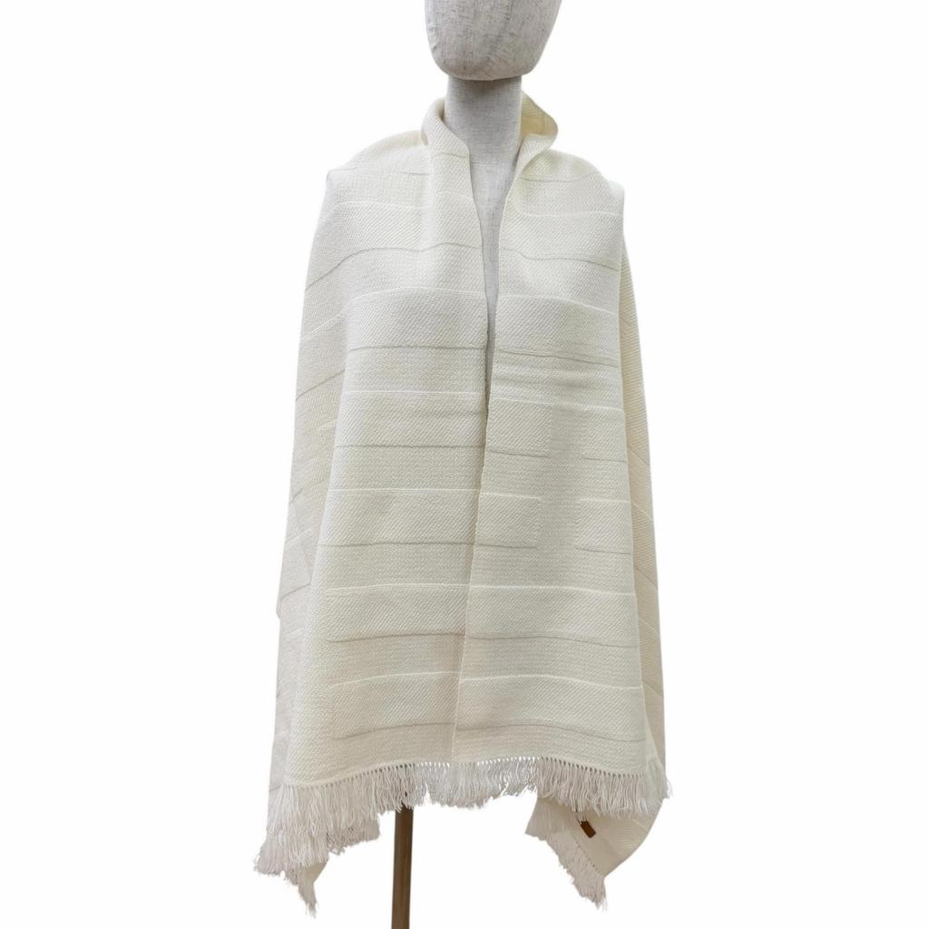 Pristine HERMES shawl Raye H Large logo leather patch with fringe cashmere Women Used