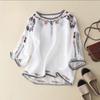 Damen Sommer Ethno-Stil Locker Stickerei Baumwolle und Leinen T-Shirt Dünne Ärmel Rundhals Tops