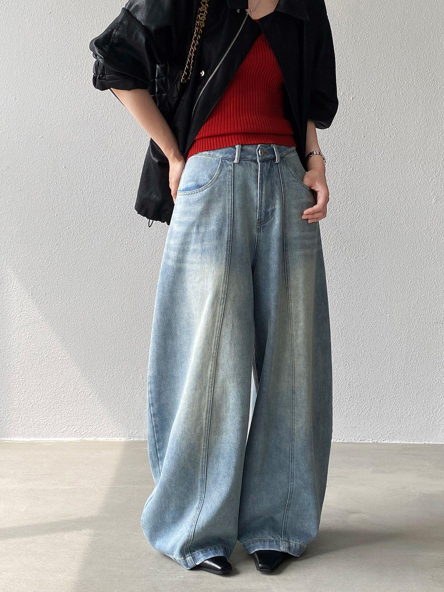Jiang Zuo Women s Retro Blue High-Waist Wide-Leg Jeans - Curved Blade, Slimming, Relaxed Fit, Spring/Summer Long Pants Medium