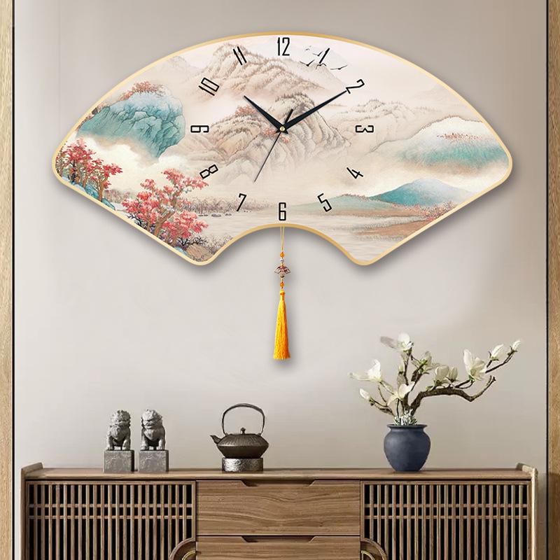 New Chinese Style Silent Wall Clock Home Living Room Wall Quartz Clock Bedroom Wall Clock Calendar Clock Fan-shaped Creative Clock